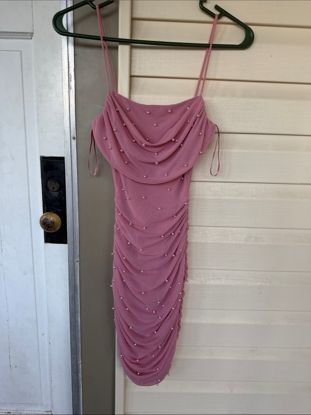 Windsor Pink Pearl-Embellished Draped Midi Dress